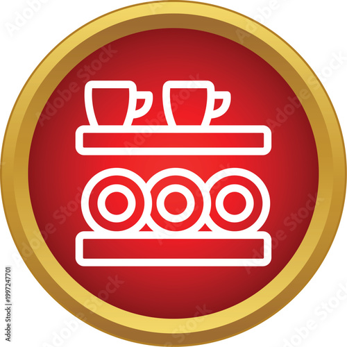 Kitchenware set with cups and plates organized on shelves on a red and gold icon