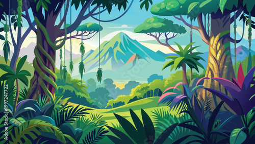 Colorful tropical jungle landscape with dense green trees and a large mountain peak in the bright sunny background Vector