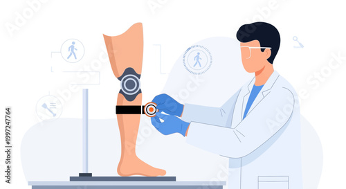 Doctor fitting advanced prosthetic knee brace on patient's leg for mobility support