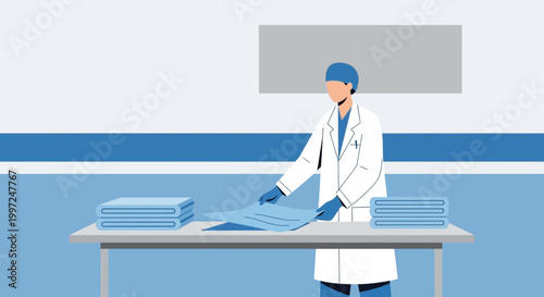 Doctor folding medical sheets in a sterile hospital room, preparing for surgery