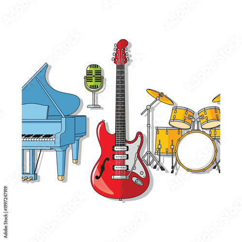 Band Instruments Illustration Featuring Piano, Microphone, Electric Guitar and Drum Set