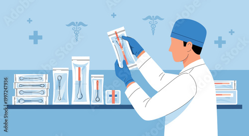 Doctor holding sterile medical instruments, healthcare, clinic, hospital, medical supplies