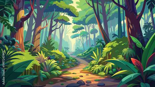 A beautiful lush green jungle forest landscape with a dirt path winding through the trees under bright morning sunlight Vector
