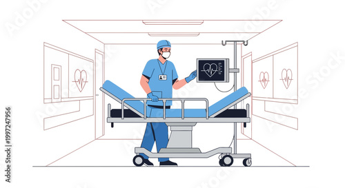 Doctor in hospital room with patient bed and monitor showing heartbeat