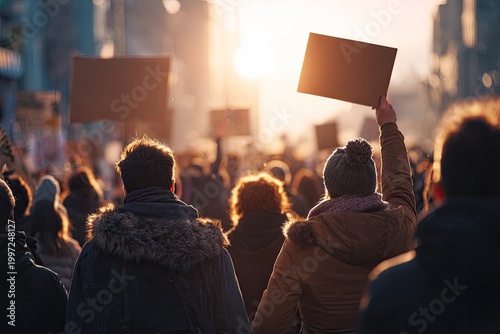 Crowd of people protesting with signs at sunset.
