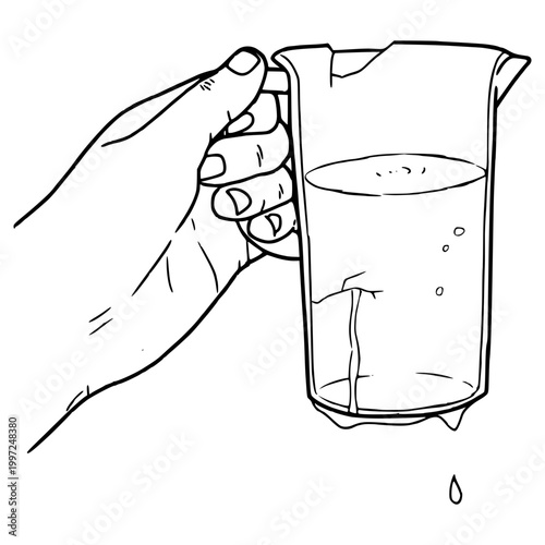 hand holding broken water pitcher illustration hand drawn outline vector