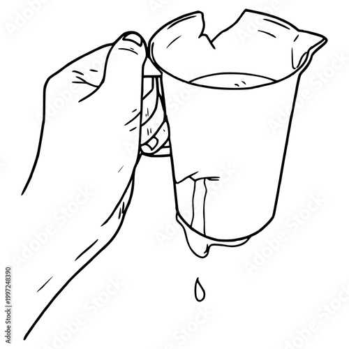 hand holding broken water pitcher illustration hand drawn outline vector