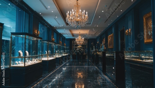 Luxurious Jewelry Store Interior with Display Cases and Chandeliers.