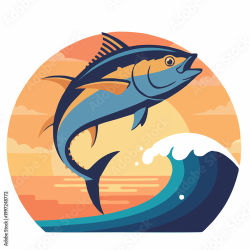 Cuadro en lienzo Stylized tuna fish jumping over ocean wave during sunset