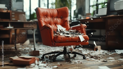 A worn-out orange office chair surrounded by scattered papers and debris, symbolizing workplace stress, chaos, and the impact of disorganization in a corporate environment.