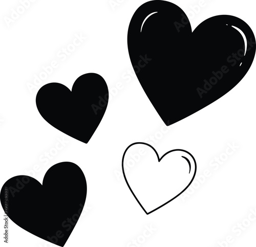 Black Heart Icon Set in Solid and Outline Style Vector Illustration for Love, Romance, Minimal Design, and Emotional Expression Graphics