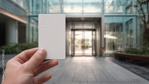 Hand holding blank access card in front of modern office building entrance.