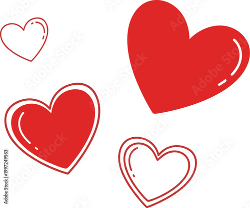 Heart Icon Set in Hand Drawn and Flat Style Vector Illustration for Love, Romance, Valentine Design, and Emotional Expression Graphics
