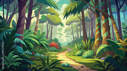 Beautiful lush tropical jungle forest with a small dirt path winding through green trees and plants in a vibrant style Vector