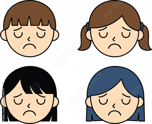 Sad Kids Avatar Icon Set with Unhappy Boys and Girls Faces in Flat Style Vector Illustration for Emotion, Mood, Expression, and Cartoon Character Design