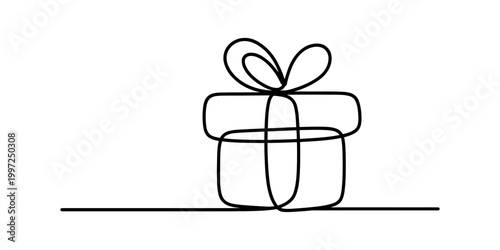Continuous line drawing of a gift box with a ribbon and bow, simple black and white art. Vector, illustration