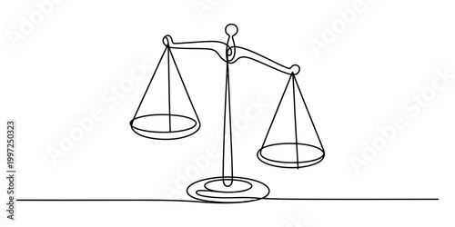 Simple line drawing of a balance scale weighing two pans, symbolizing justice and balance Vector, illustration
