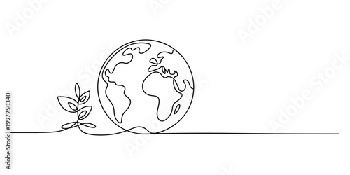 Single line drawing of planet earth with a growing plant sprout, symbolizing growth and environmental care Vector, illustration