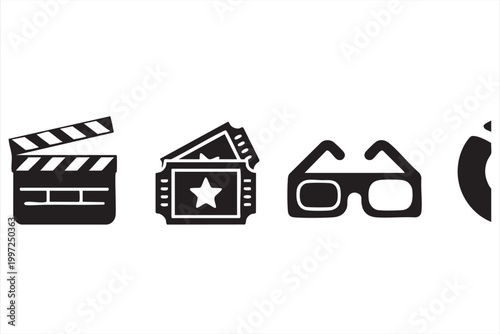 Cinema movie icons with clapperboard tickets and 3D glasses