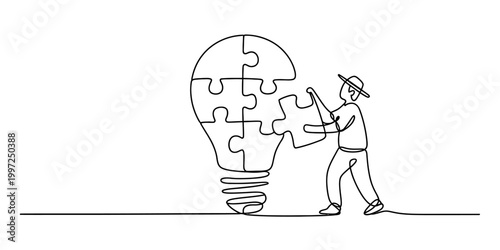Person assembling a light bulb made of puzzle pieces, symbolizing idea creation and problem solving Vector, illustration