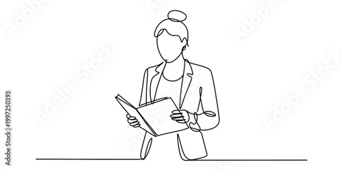 Business woman in suit reading a book, continuous line drawing illustration Vector, illustration