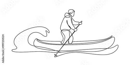 Person canoeing on water with a wave, continuous line drawing Vector, illustration