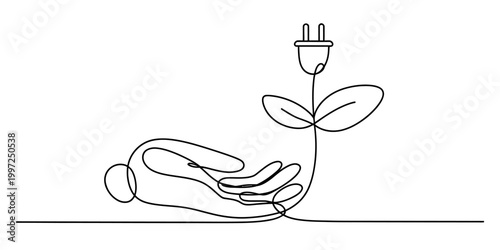 Hand holding a plant sprout with an electric plug as a flower, symbolizing green energy and growth, continuous line art Vector, illustration