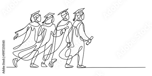 Group of graduates walking together in a line, one holding a diploma, single line art style Vector, illustration