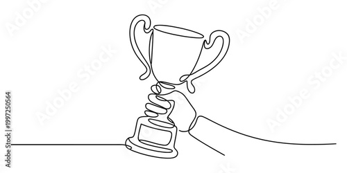 Hand holding a trophy with one continuous line drawing, simple and elegant, representing achievement and victory. Vector, illustration
