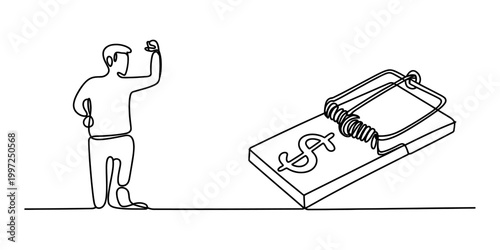 Man standing near a mousetrap with dollar sign bait, one line drawing Vector, illustration