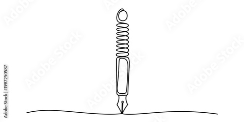Elegant continuous line drawing of a fountain pen writing on a simple line, representing creativity and writing. Vector, illustration