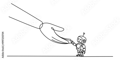 Tiny robot and a giant hand touching in a simple line art style Vector, illustration