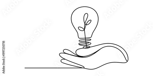 Single line drawing of a hand holding a light bulb with a growing plant inside, representing idea and growth Vector, illustration