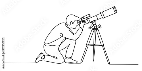 Person kneeling and looking through a telescope on a tripod, single line drawing style Vector, illustration
