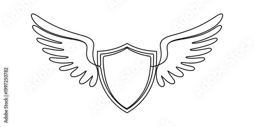 Shield with wings emblem, simple line art, protection symbol Vector, illustration