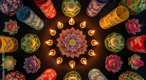Overhead View of a Sacred Lotus Mandala Surrounded by Glowing Oil Lamps and Traditional Floral Lanterns
