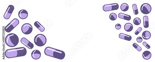Flat vector illustration featuring distinct corner arrangements of purple medical capsules and round tablets, providing ample white copy space for pharmaceutical banners and healthcare branding.