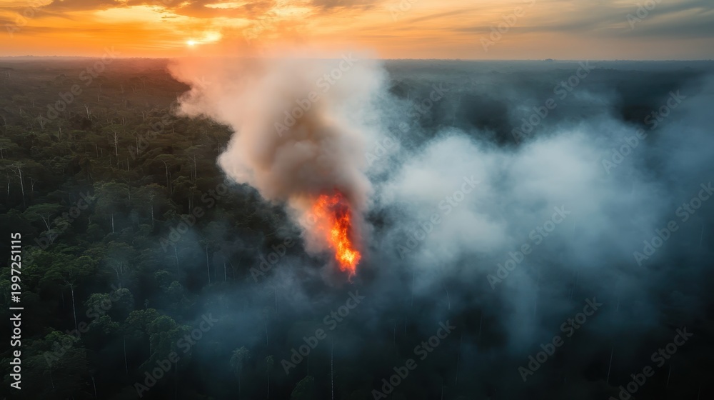 Fototapeta premium An impactful aerial view of a forest fire, highlighting the dramatic contrast between the flames and smoke rising amidst a lush green forest, evoking a sense of urgency.