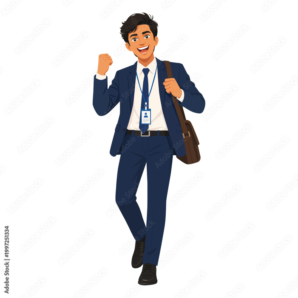 Obraz premium Smiling young Indian corporate employee in a dark blue suit and tie wearing an ID lanyard carrying a brown leather messenger bag walking forward and celebrating with a raised fist pump.