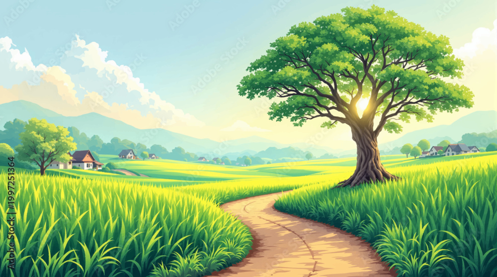 Fototapeta premium Sunlit meadow road with shady tree and distant homes. Morning countryside hills with fresh grass and cottages. Peaceful rural view for nature wellness marketing