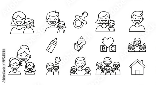Family icons set with parents children and parenting symbols in simple line art style