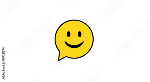 Smiling yellow speech bubble emoticon on white background symbolizing happiness and friendly conversation