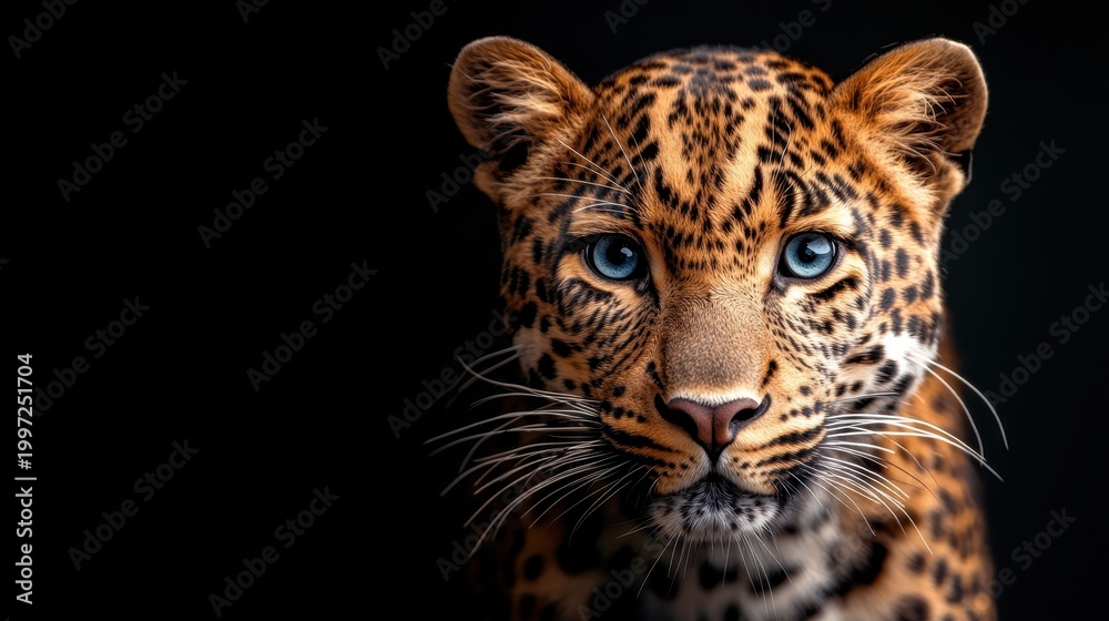 Fototapeta premium This striking close-up captures the essence of a leopard with its mesmerizing blue eyes and intricate fur patterns, evoking a sense of wonder and admiration for nature's beauty.
