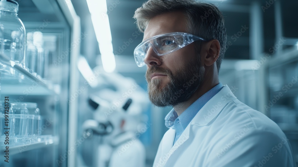 Fototapeta premium A thoughtful scientist gazes into the distance while working in a modern laboratory, embodying intellect and passion for discovery, illuminated by artificial laboratory lighting.