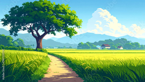 Open rice field path with shady tree and distant mountains. Bright rural farmland scenery for nature travel projects. Peaceful harvest landscape with cottages and blue sky