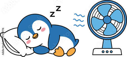 Sleeping Penguin with Fan Icon Set in Cute Flat Style Vector Illustration for Summer Cooling, Relaxation, Bedtime, and Cartoon Animal Design