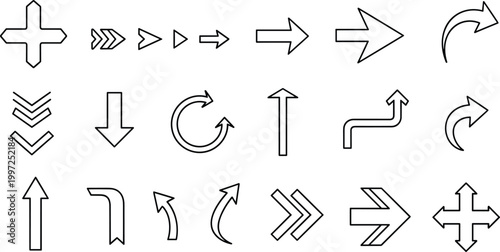 Arrow Icon Collection in Outline Style Vector Set with Directional Signs for Navigation, UI Design, Flow Indicators, and Movement Symbols