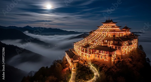 Majestic Illuminated Ancient Temple on Mountain Peak Above Sea of Clouds Under Full Moonlight
