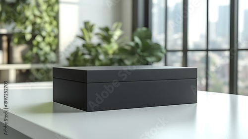 Black box on table; plants, city view behind; for storage, gift, product display