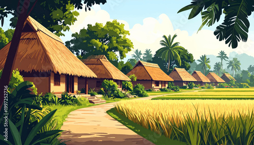 Tropical hut row near golden rice fields and palms. Thatched cottages along pathway for resort travel themes. Rustic village homes with harvest crops and jungle scenery